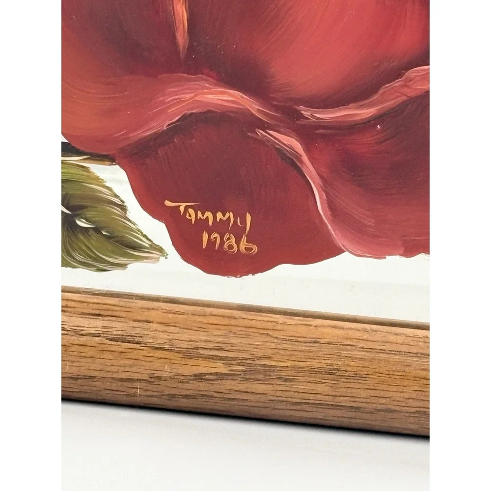 VTG Hand Painted, Red Rose Wood Framed Mirror Picture Flaw Read 13